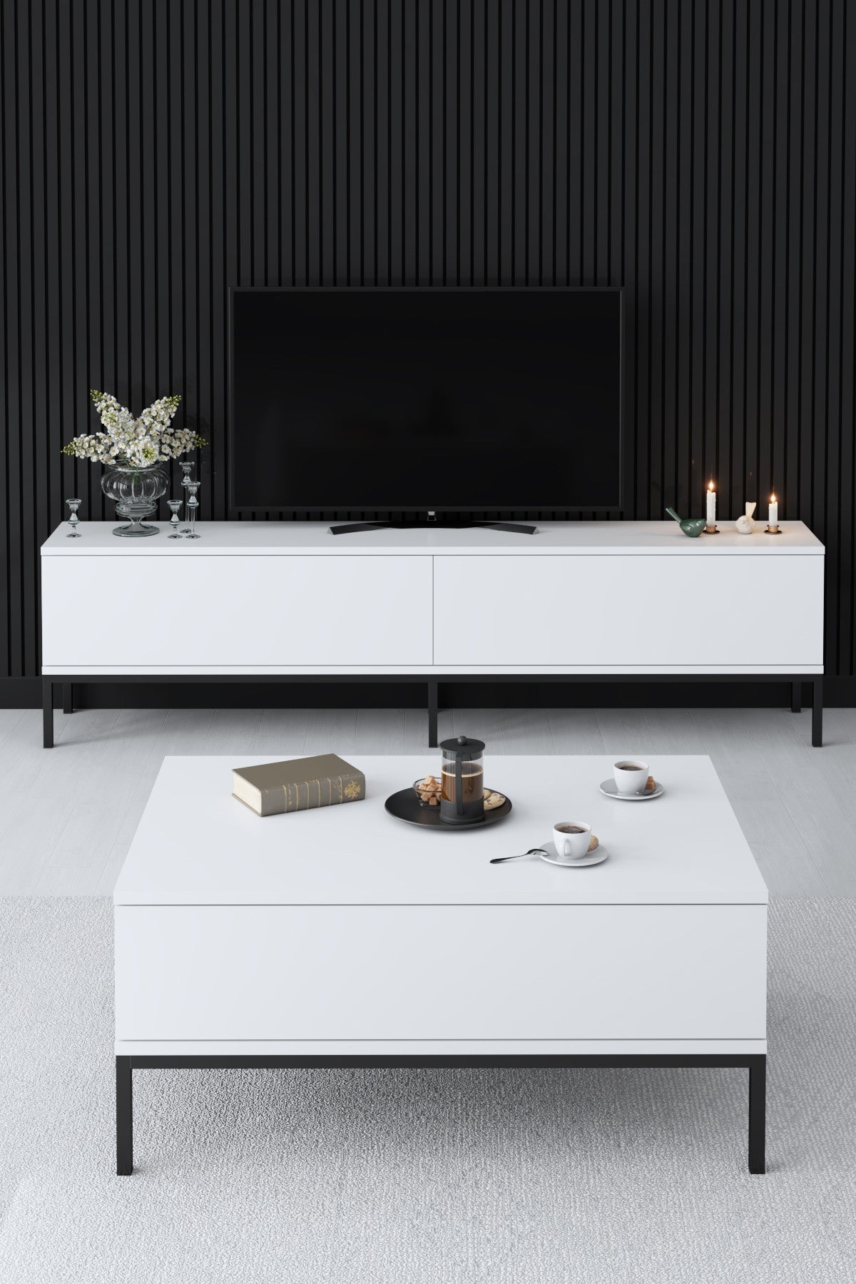 Ensemble de meubles White Lord - Table basse + Meuble TV + Buffet - Cadre noir