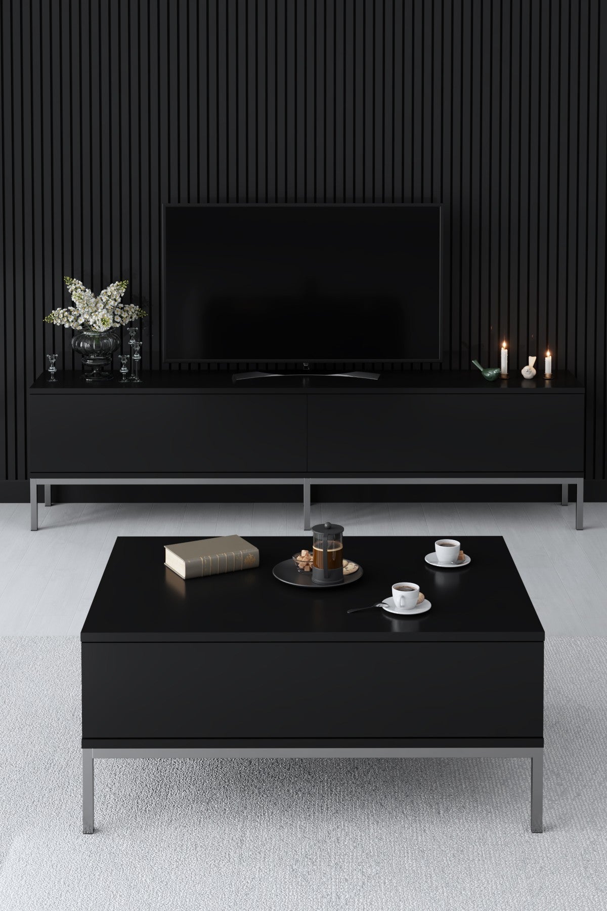 TV Meubels - TV Meubel Lord Zwart Zilver Melamine 180x47x30 cm - Dimehouse