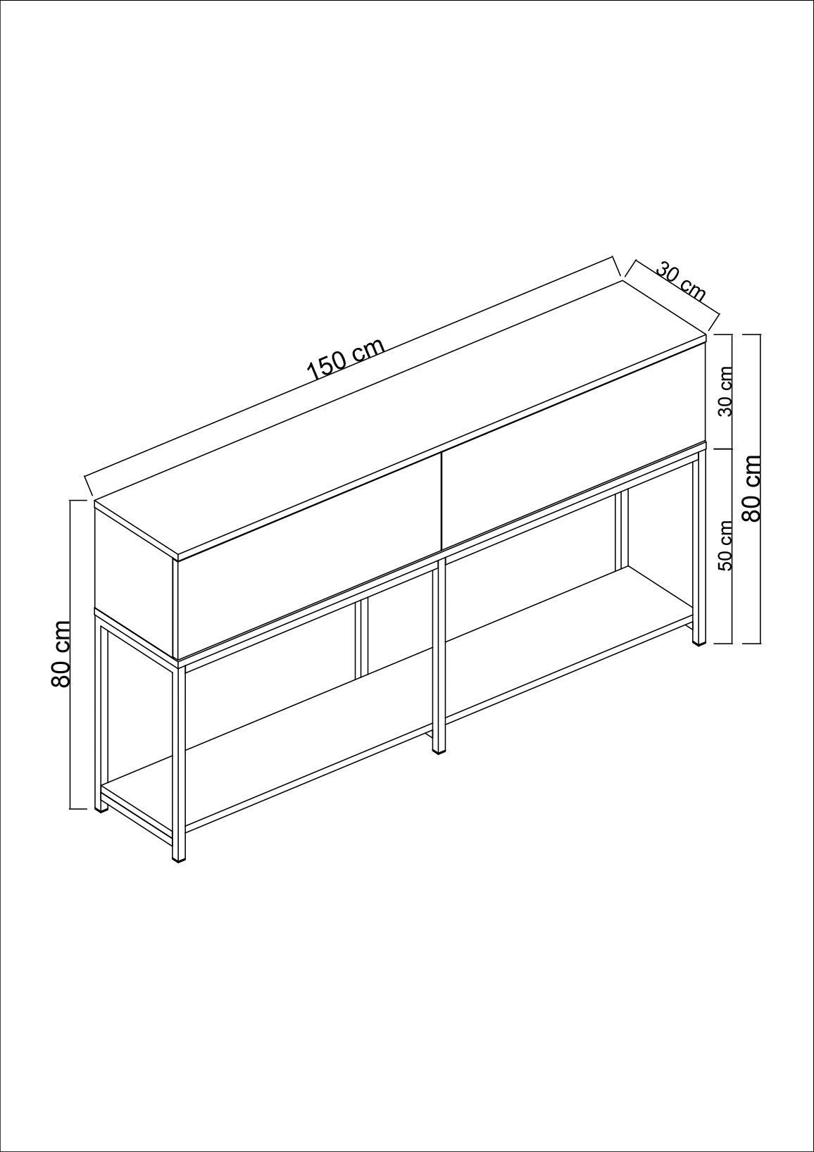 Modern Dressoir Zwart Lord 150x30x80 - Zilver Frame - Twee Vakken