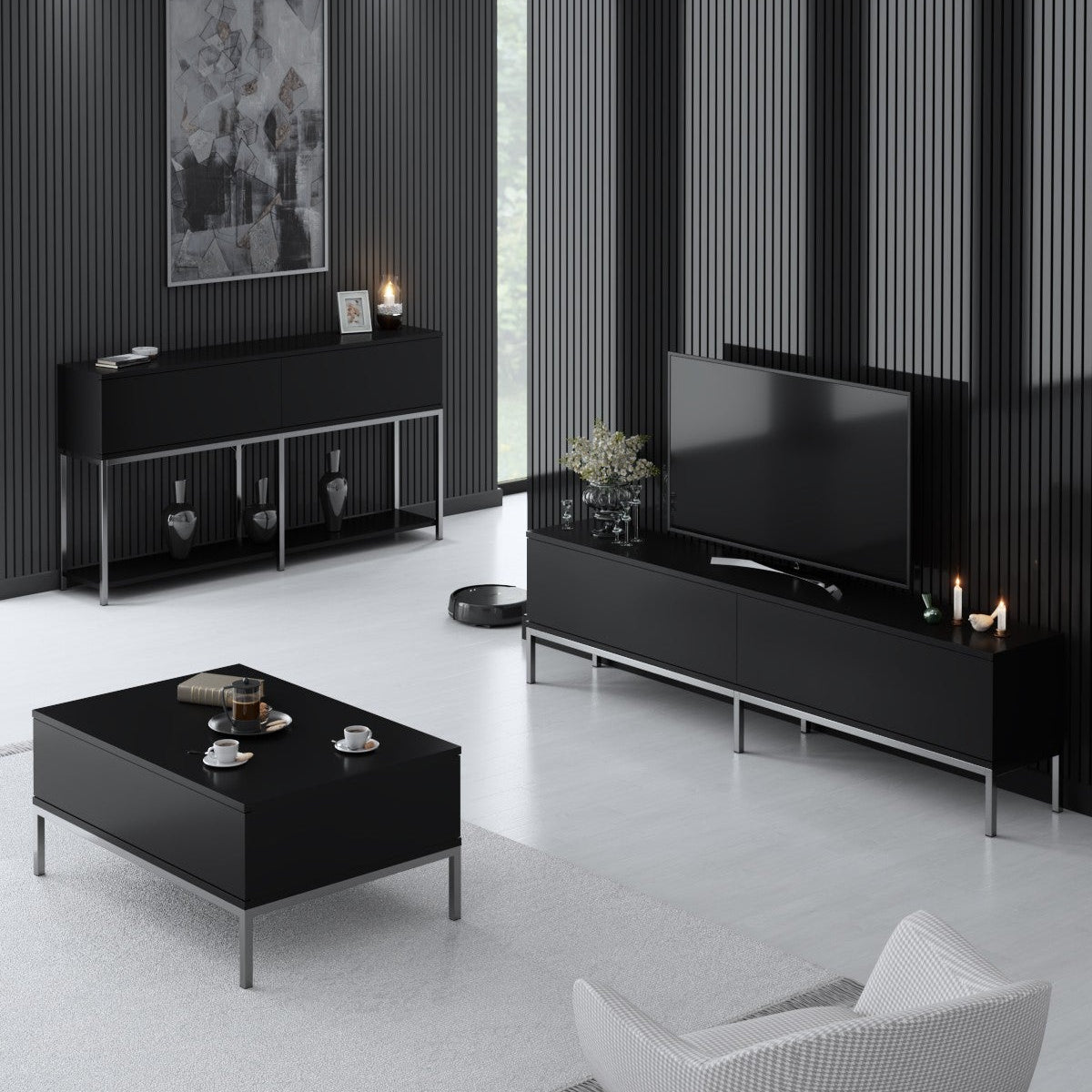 Ensemble de meubles Black Lord - Table basse + Meuble TV + Buffet - Cadre argenté