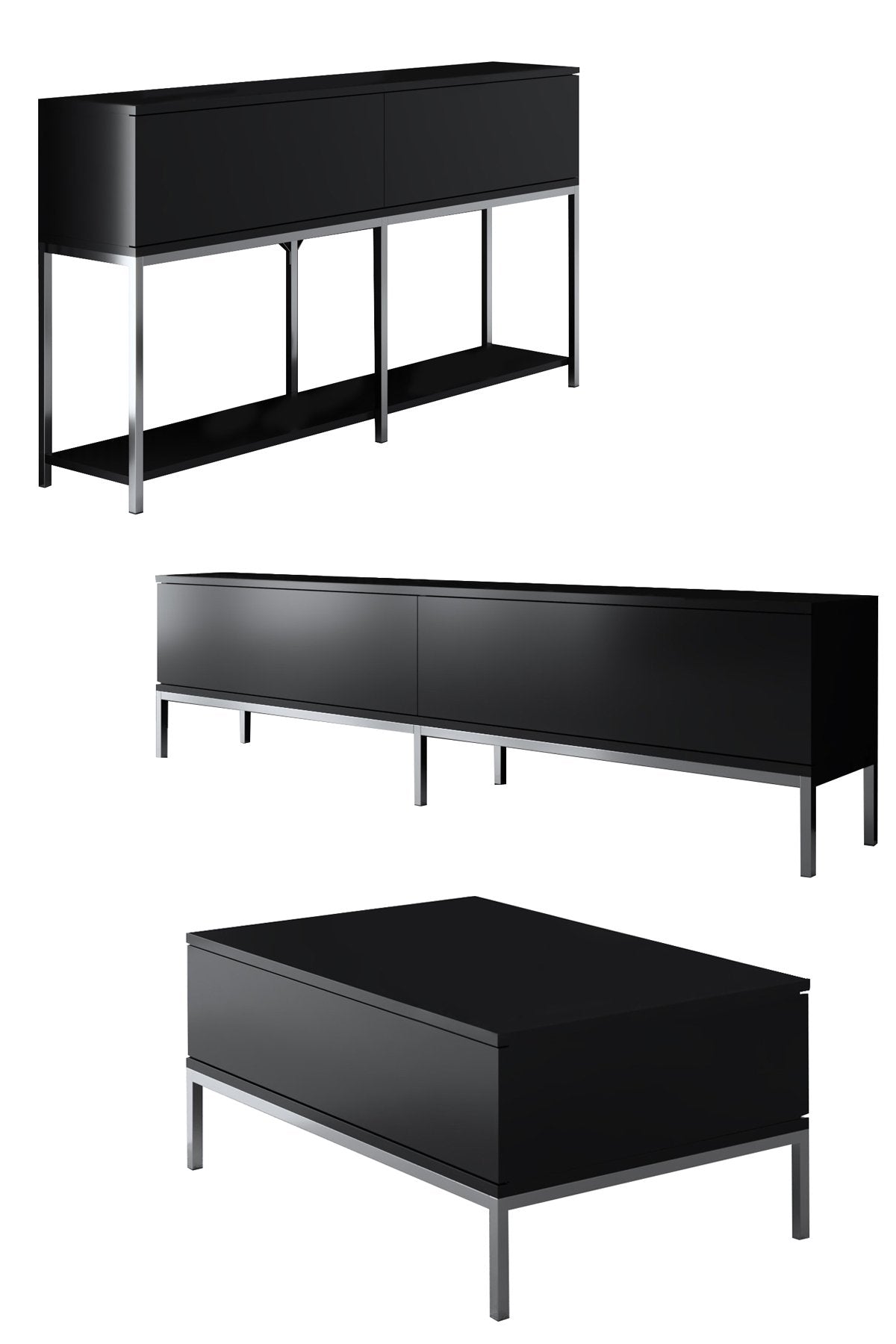 Ensemble de meubles Black Lord - Table basse + Meuble TV + Buffet - Cadre argenté