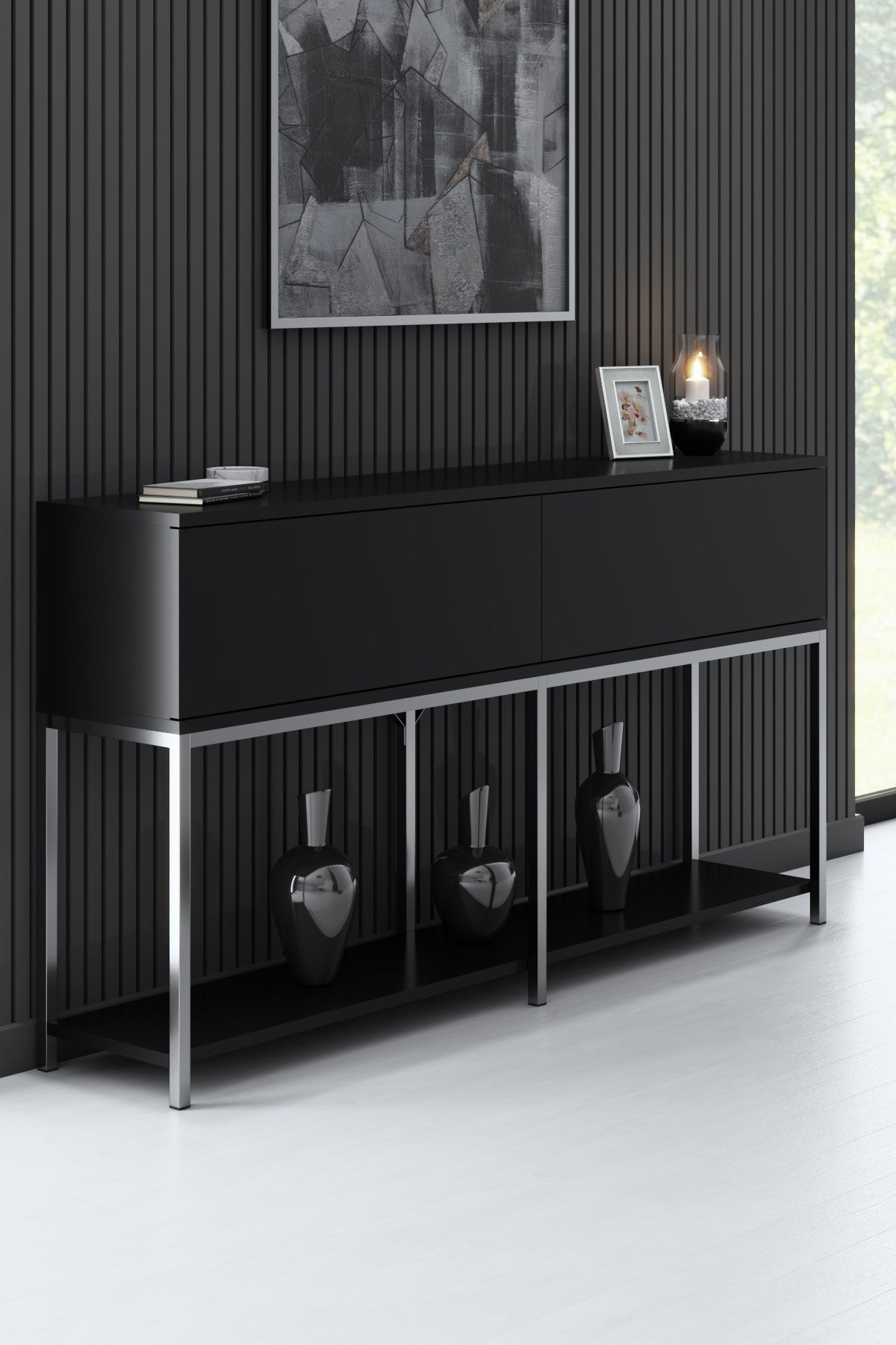 Ensemble de meubles Black Lord - Table basse + Meuble TV + Buffet - Cadre argenté