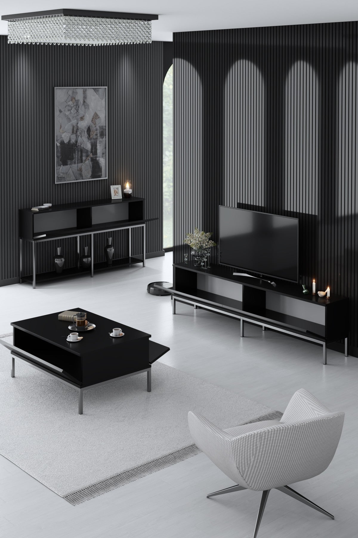 Ensemble de meubles Black Lord - Table basse + Meuble TV + Buffet - Cadre argenté