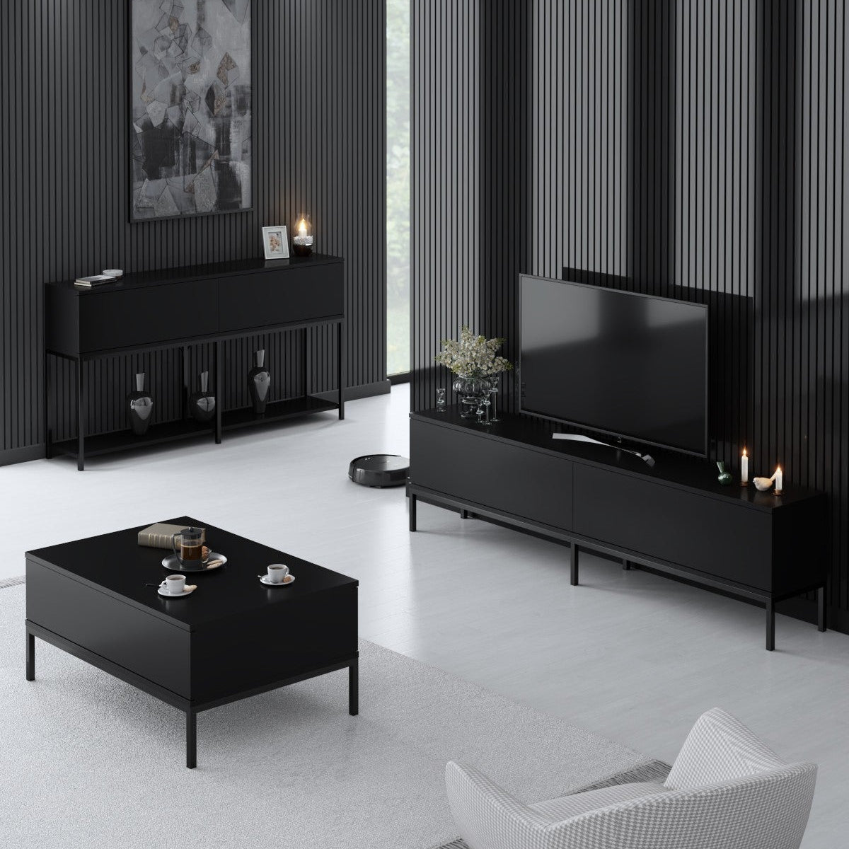 Ensemble de meubles Black Lord - Table basse + Meuble TV + Buffet - Cadre noir