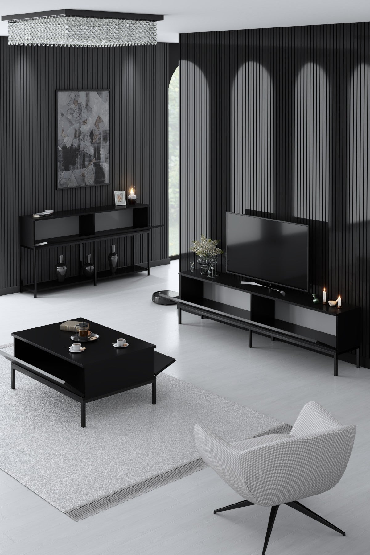 Ensemble de meubles Black Lord - Table basse + Meuble TV + Buffet - Cadre noir