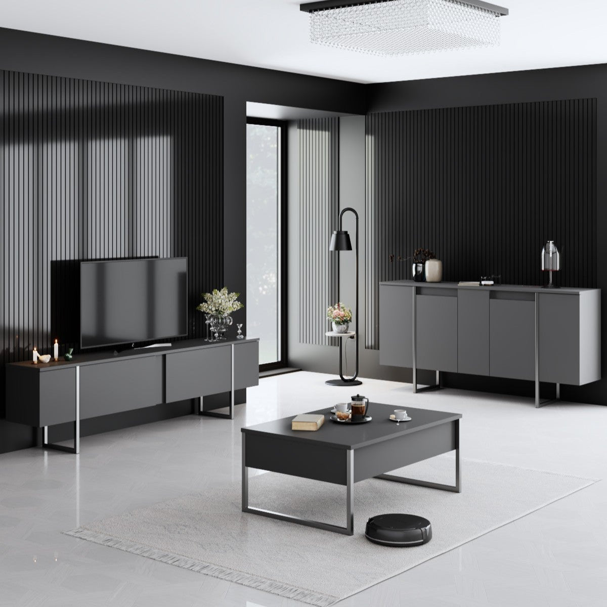 Meubelset Antraciet Luxe - Salontafel + TV Meubel + Dressoir - Zilver Frame