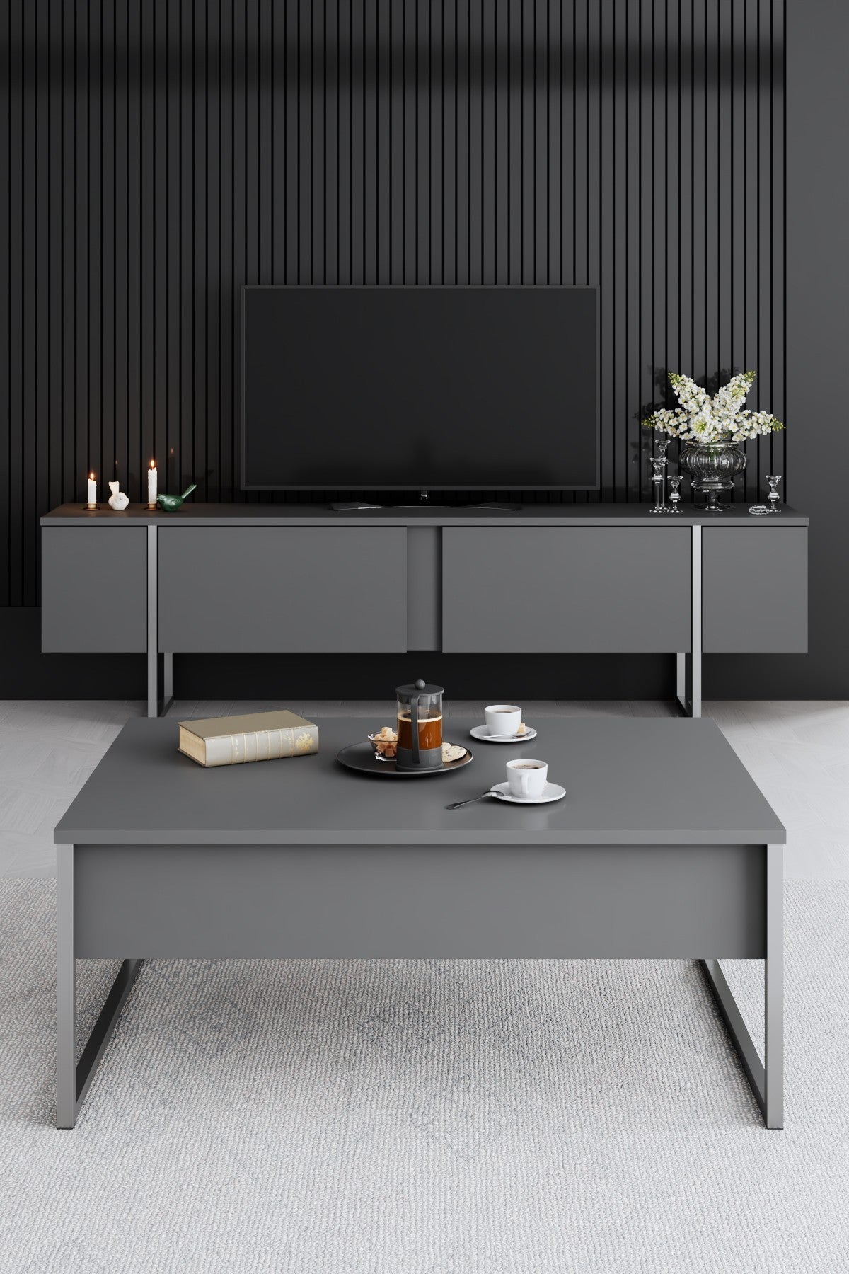 Meubelset Antraciet Luxe - Salontafel + TV Meubel + Dressoir - Zilver Frame