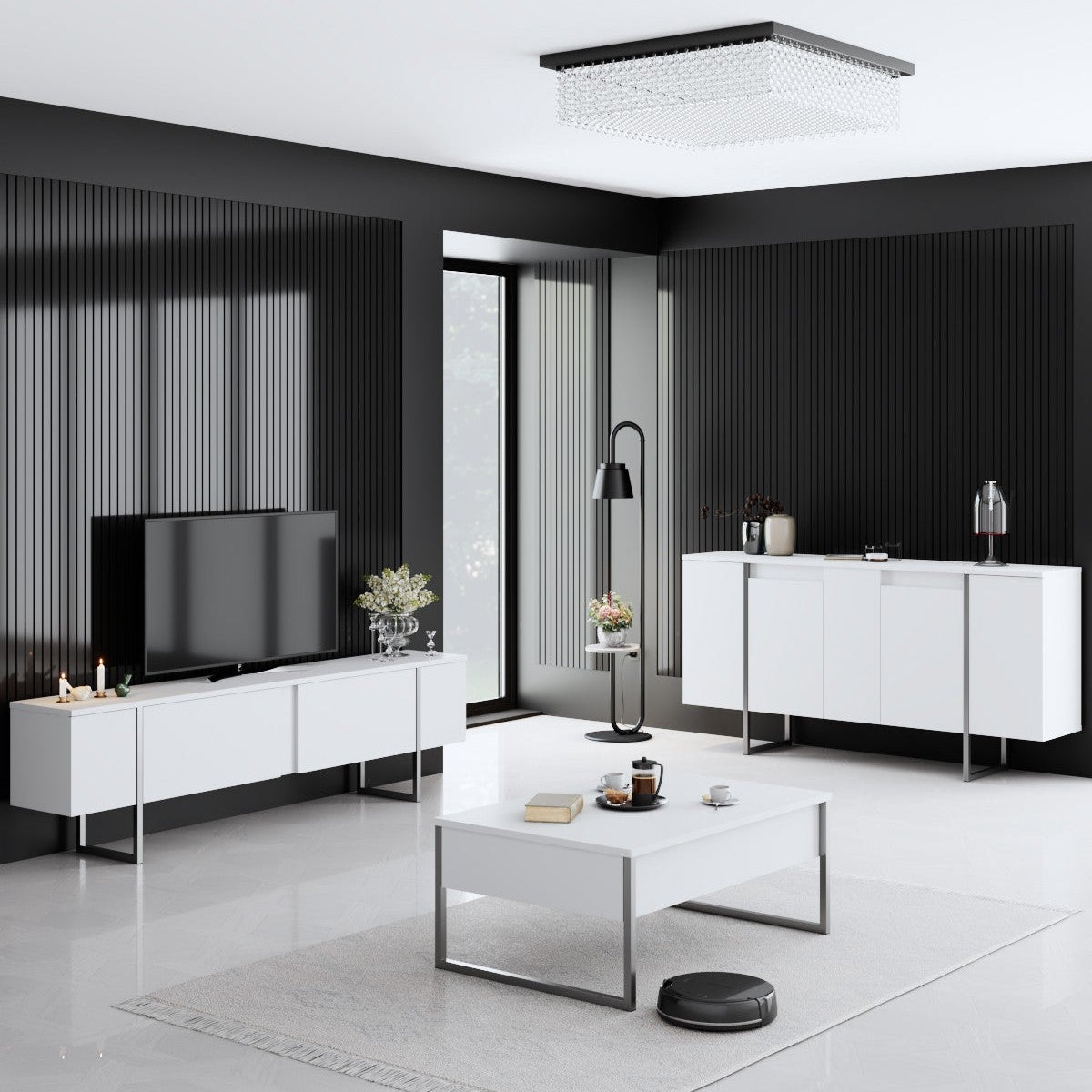 Ensemble de meubles de luxe blanc - Table basse + meuble TV + commode de luxe - Cadre argenté