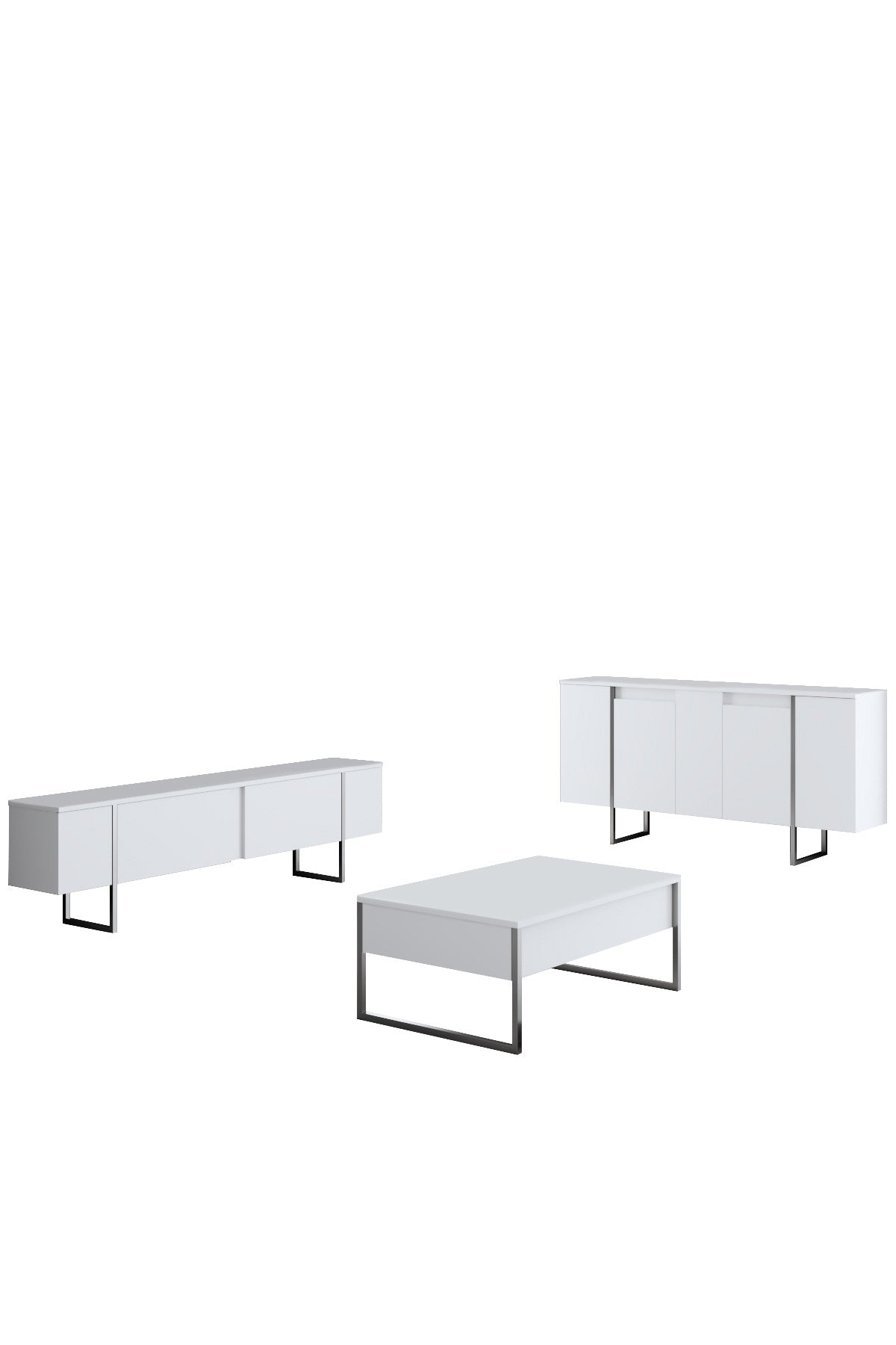 Ensemble de meubles de luxe blanc - Table basse + meuble TV + commode de luxe - Cadre argenté