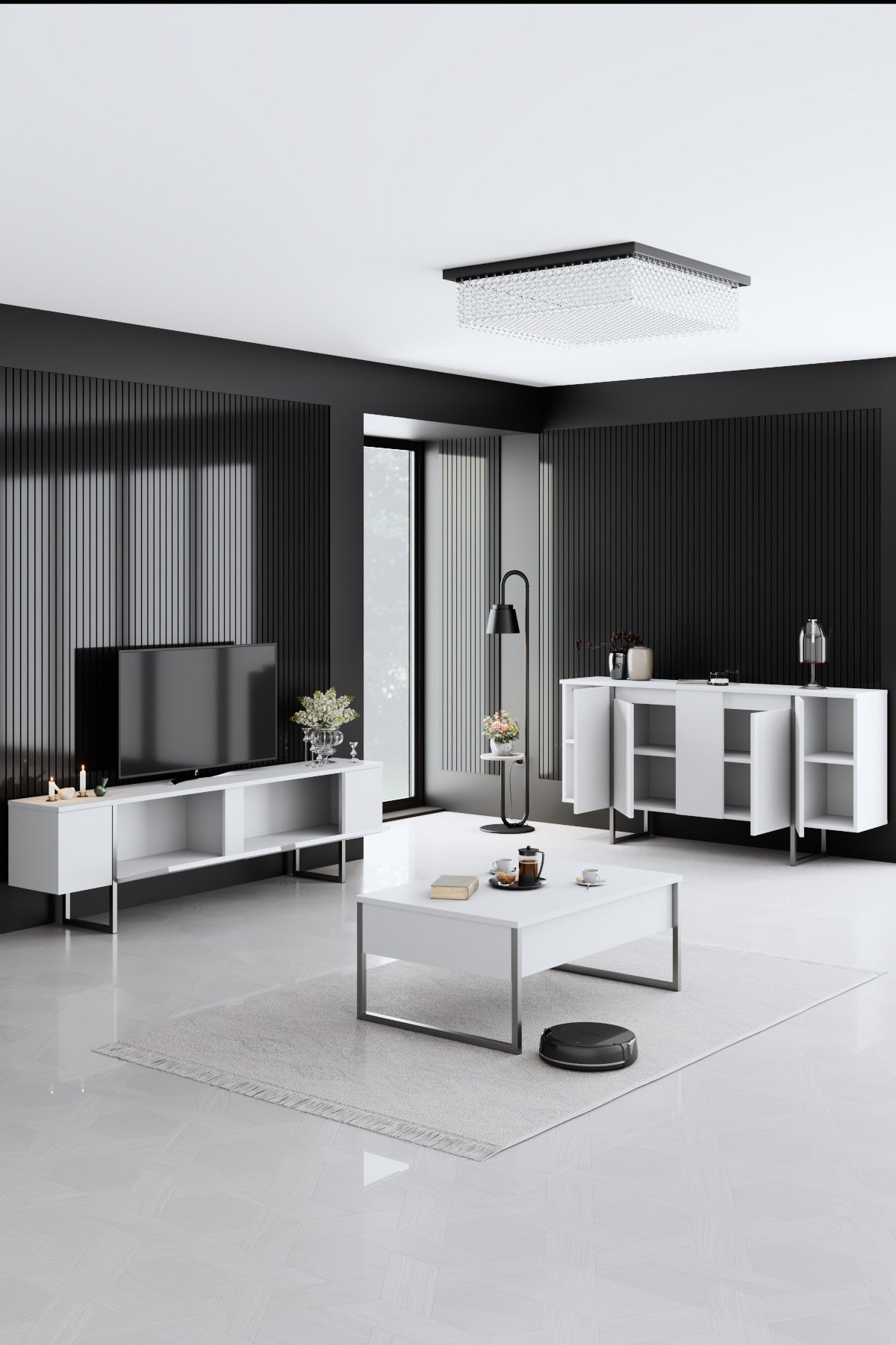 Ensemble de meubles de luxe blanc - Table basse + meuble TV + commode de luxe - Cadre argenté