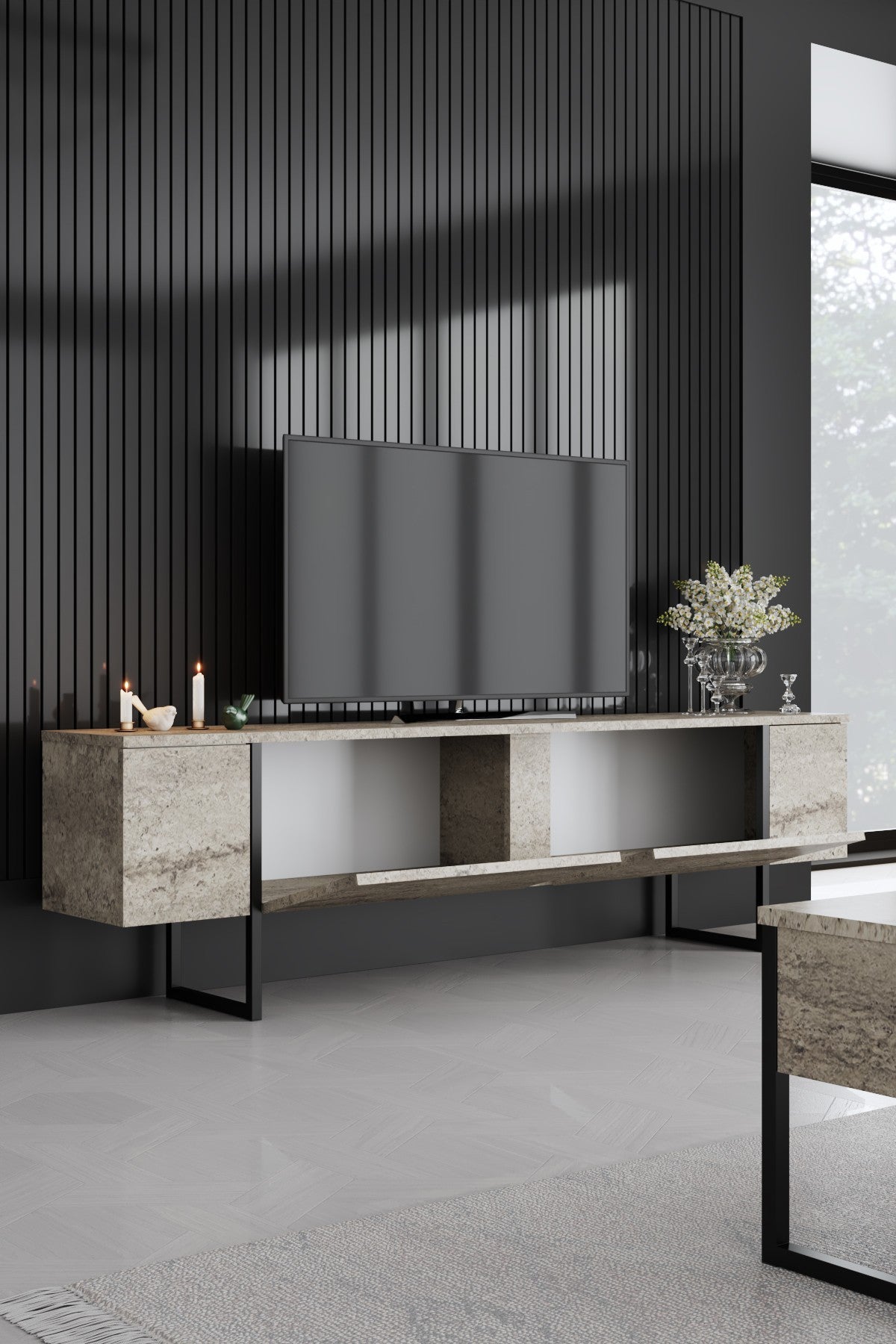 Meubelset Travertijn Luxe - Salontafel + TV Meubel + Dressoir Luxe - Zwart Frame