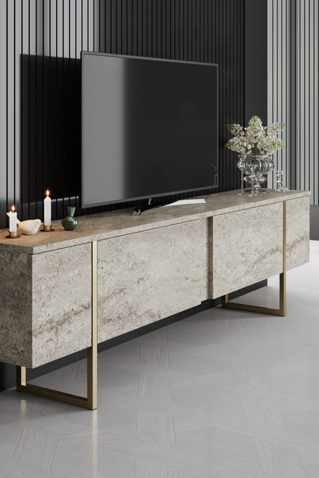 Meubelset Travertijn Luxe - Salontafel + TV Meubel + Dressoir Luxe - Gouden Frame