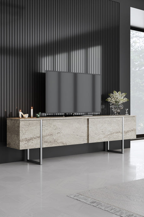 Meubelset Travertijn Luxe - Salontafel + TV Meubel + Dressoir - Zilver Frame