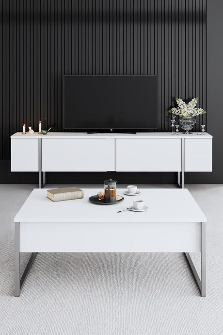 TV Meubel Wit Luxe 180x50x30 - Zilver Frame