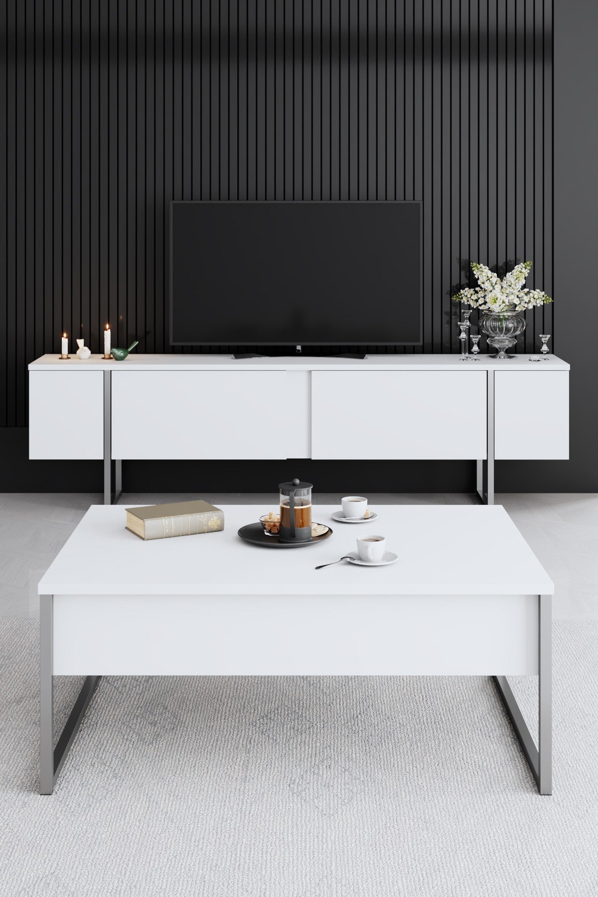 Meuble TV Blanc Luxe 180x50x30 - Cadre Argenté