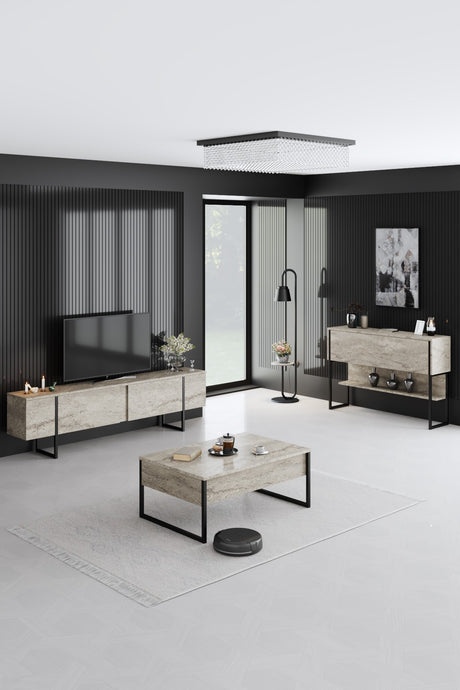 TV Meubel Travertijn Luxe 180x50x30 - Zwart Frame