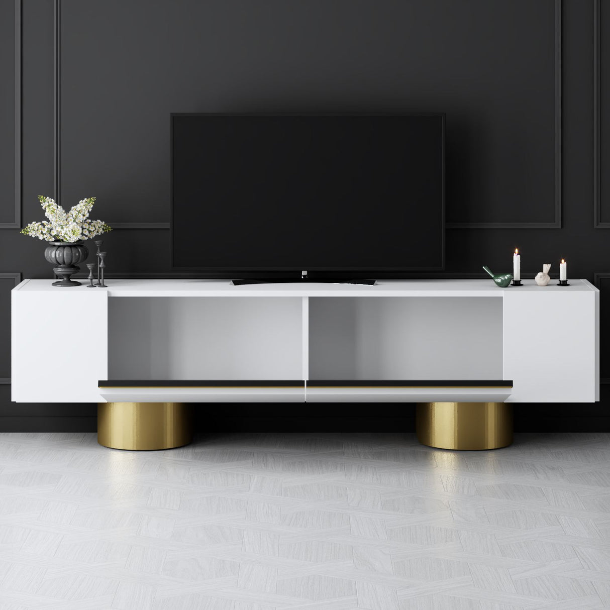 TV Meubels - TV Meubel Wit Bohem 180x50x30 - Gouden Frame - Dimehouse