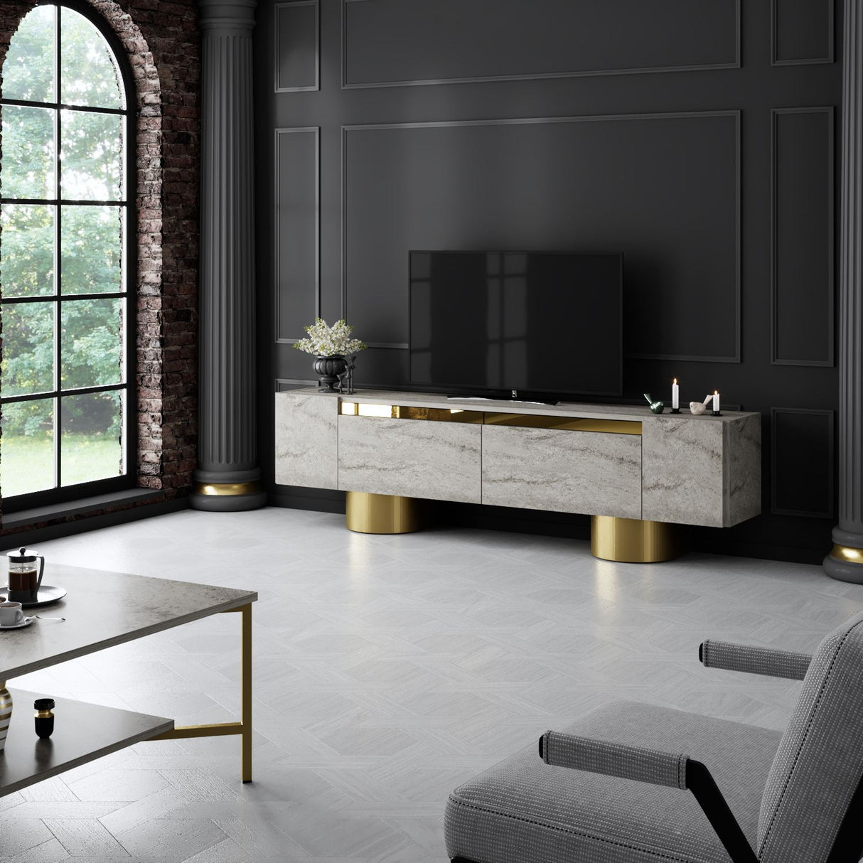 TV Meubel Travertijn Bohem 180x50x30 - Gouden Frame