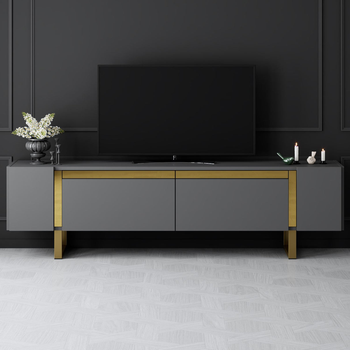 Meuble TV Anthracite Yildiz 180x50x30 - Cadre doré