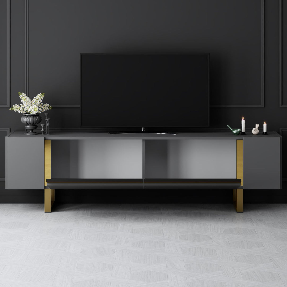 Meuble TV Anthracite Yildiz 180x50x30 - Cadre doré