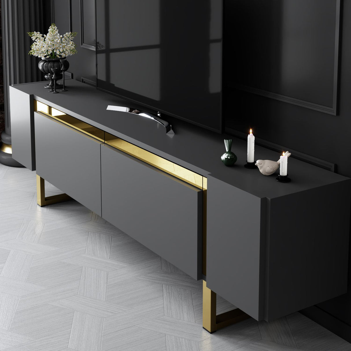 Meuble TV Anthracite Yildiz 180x50x30 - Cadre doré