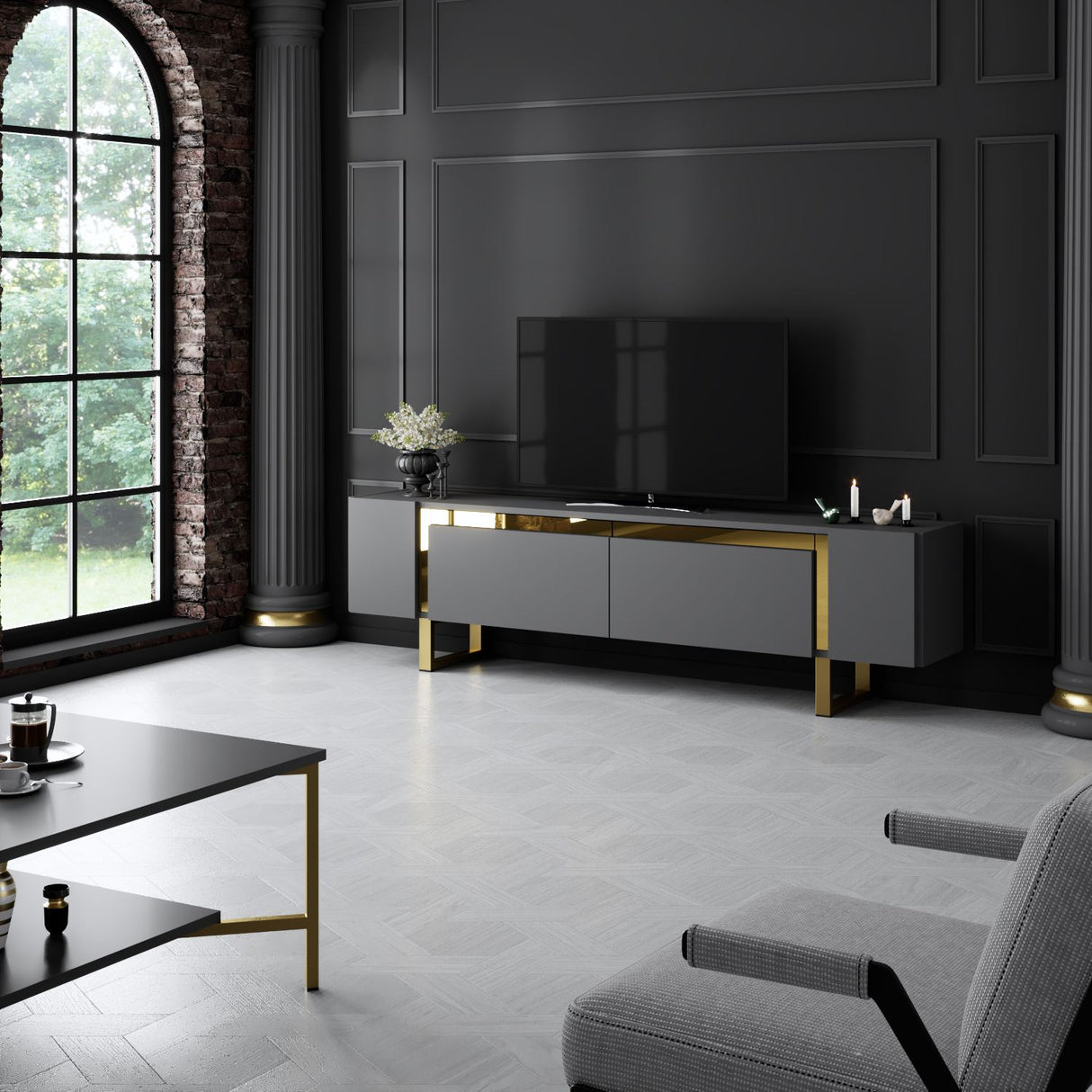 Meuble TV Anthracite Yildiz 180x50x30 - Cadre doré