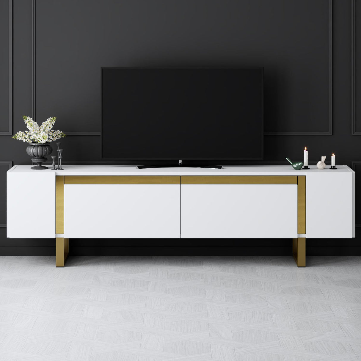 Meuble TV blanc Yildiz 180x50x30 - Cadre doré