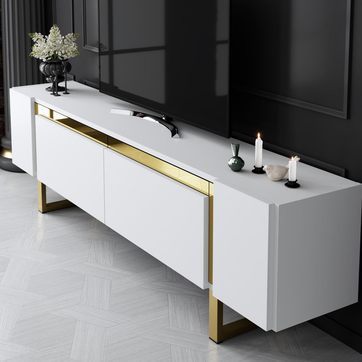 Meuble TV blanc Yildiz 180x50x30 - Cadre doré