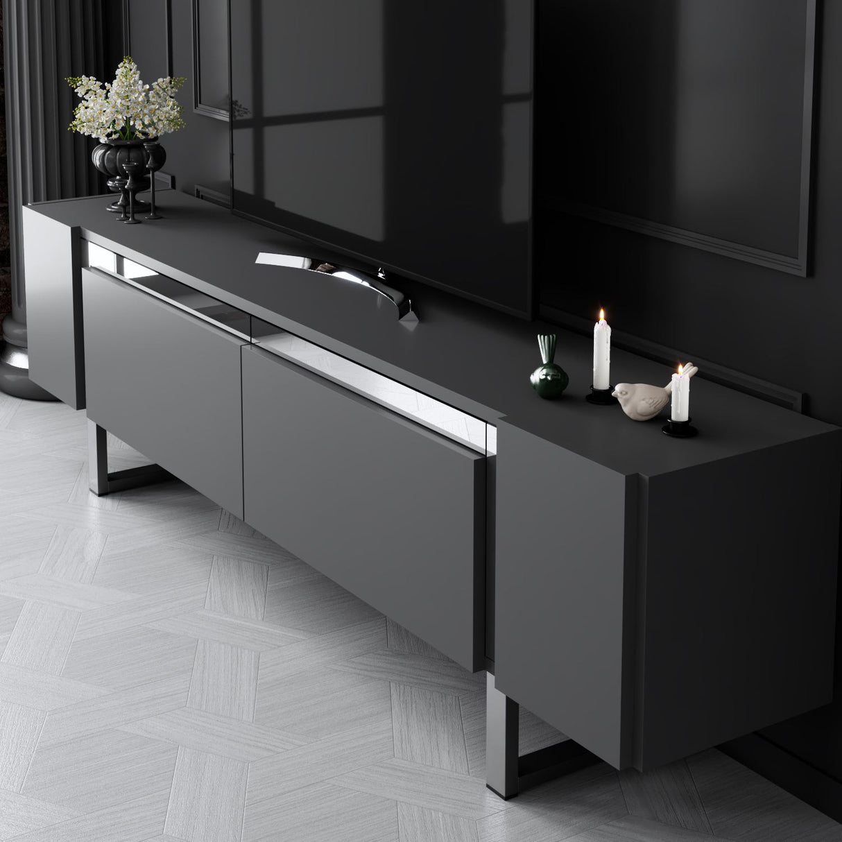 TV Meubel Antraciet Yildiz 180x50x30 - Zilver Frame