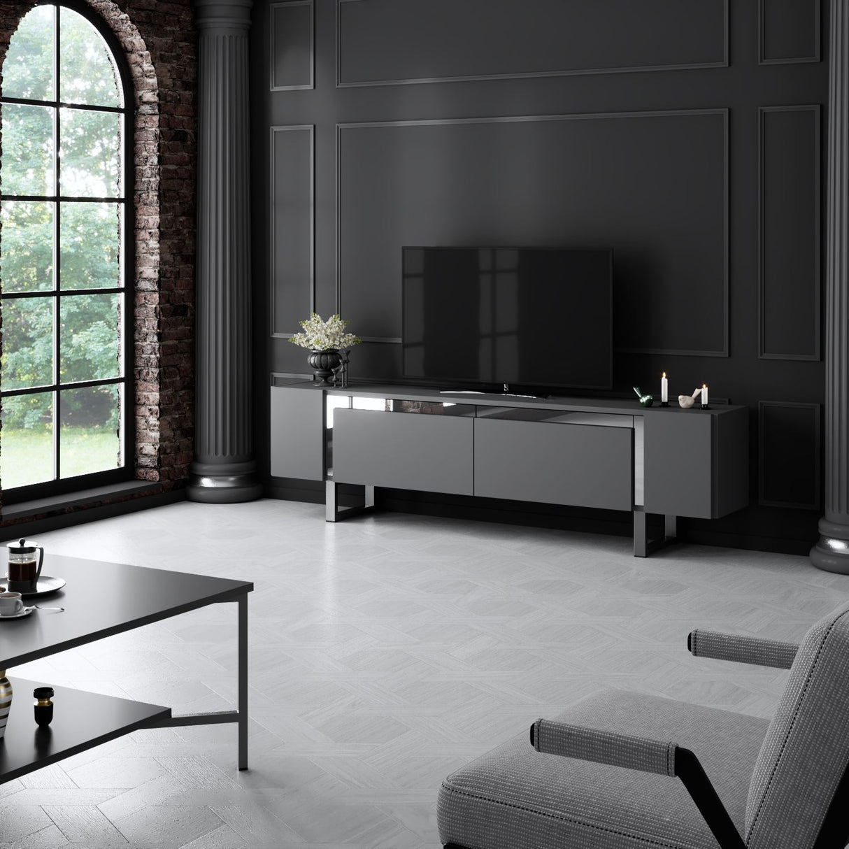 TV Meubels - TV Meubel Antraciet Yildiz 180x50x30 - Zilver Frame - Dimehouse