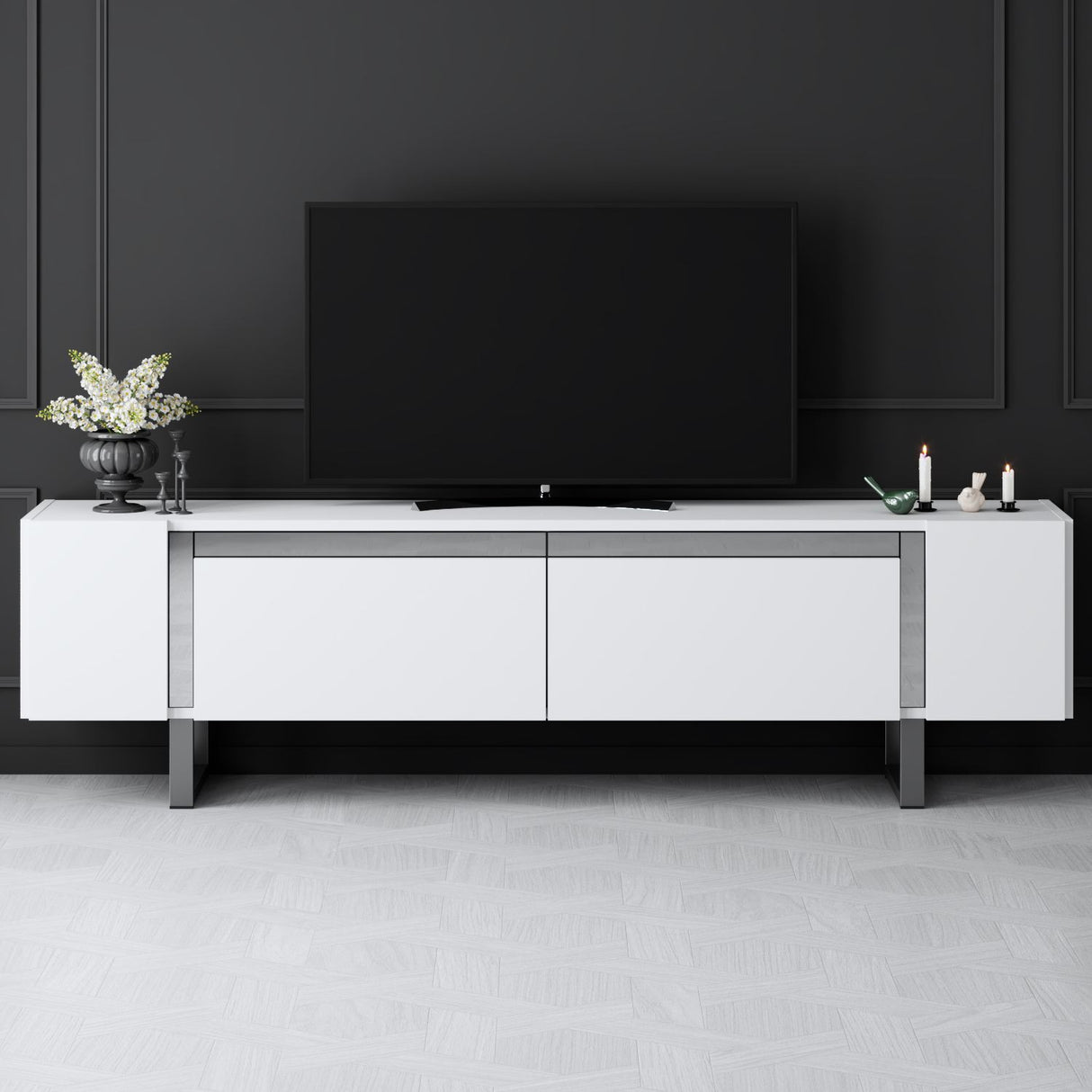 Meuble TV blanc Yildiz 180x50x30 - Cadre argenté