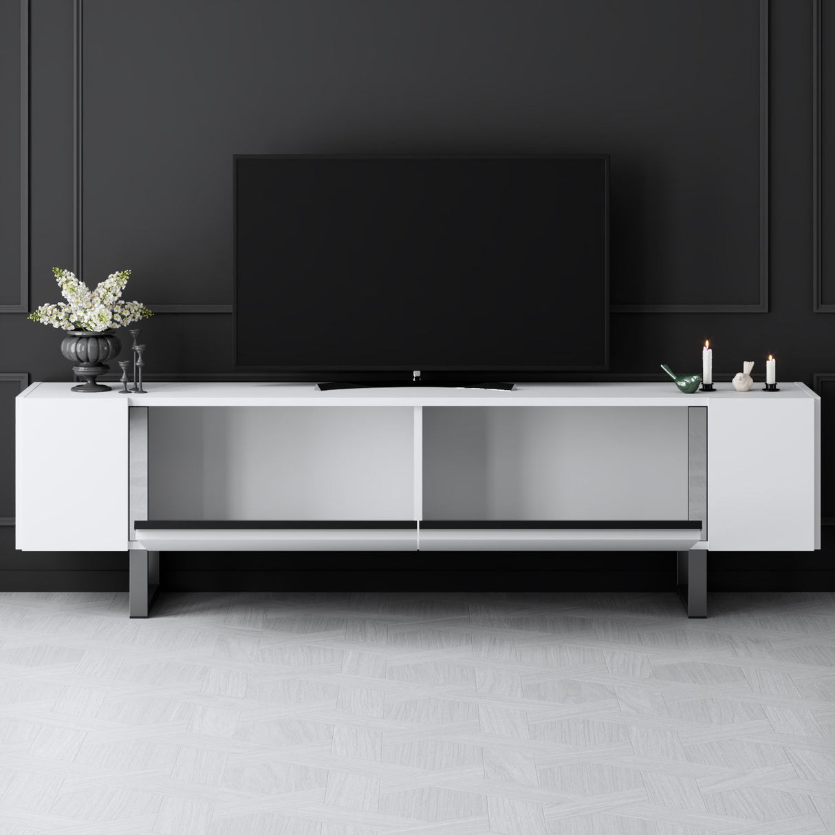 Meuble TV blanc Yildiz 180x50x30 - Cadre argenté