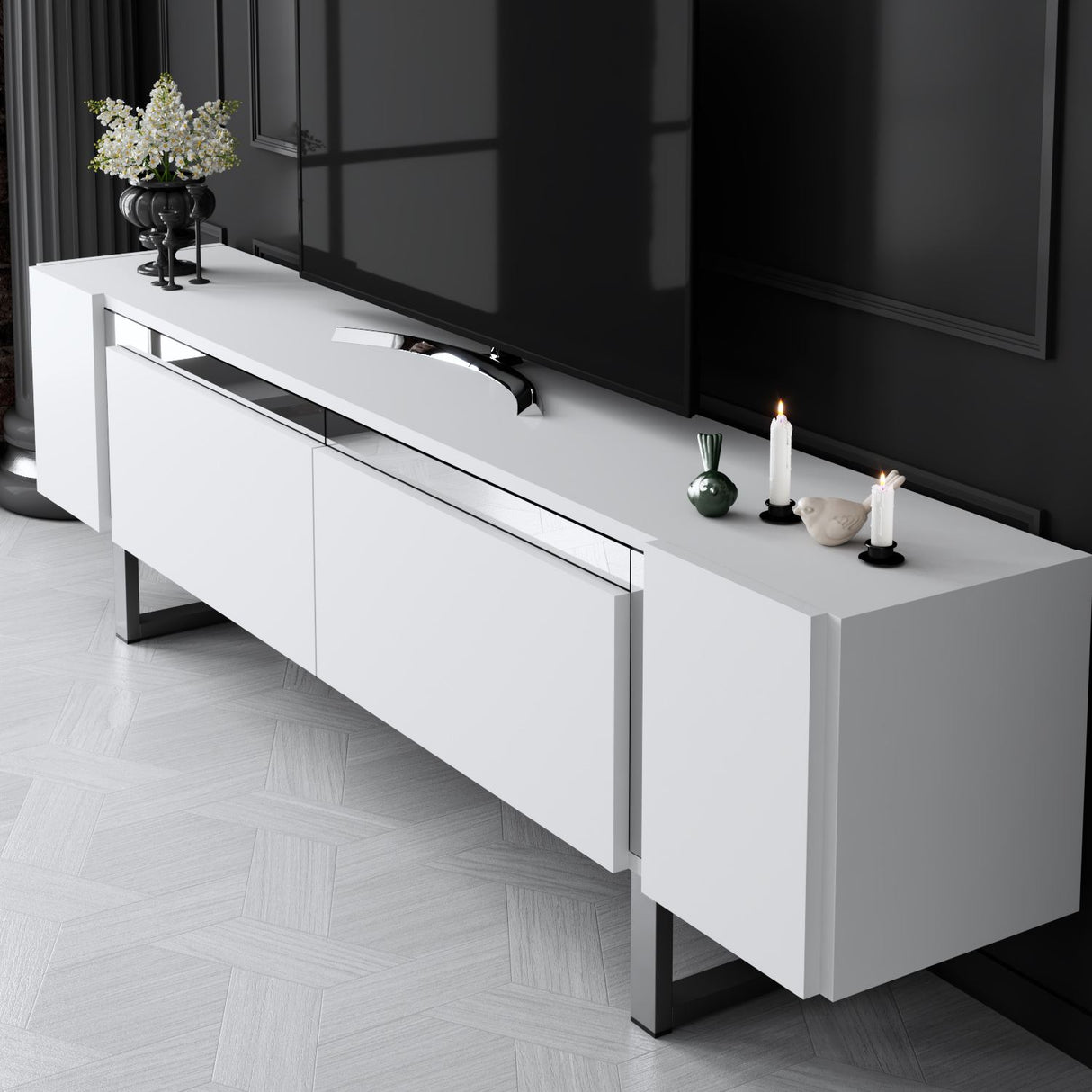 TV Meubel Wit Yildiz 180x50x30 - Zilver Frame