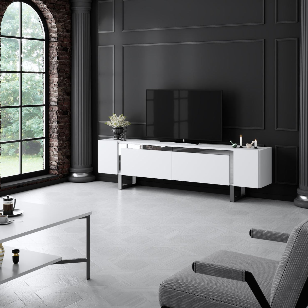 Meuble TV blanc Yildiz 180x50x30 - Cadre argenté