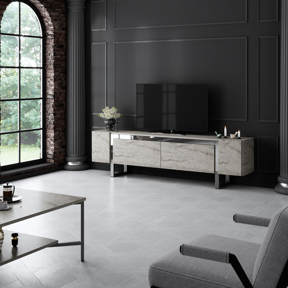 TV Meubel Travertijn Yildiz 180x50x30 - Zilver Frame