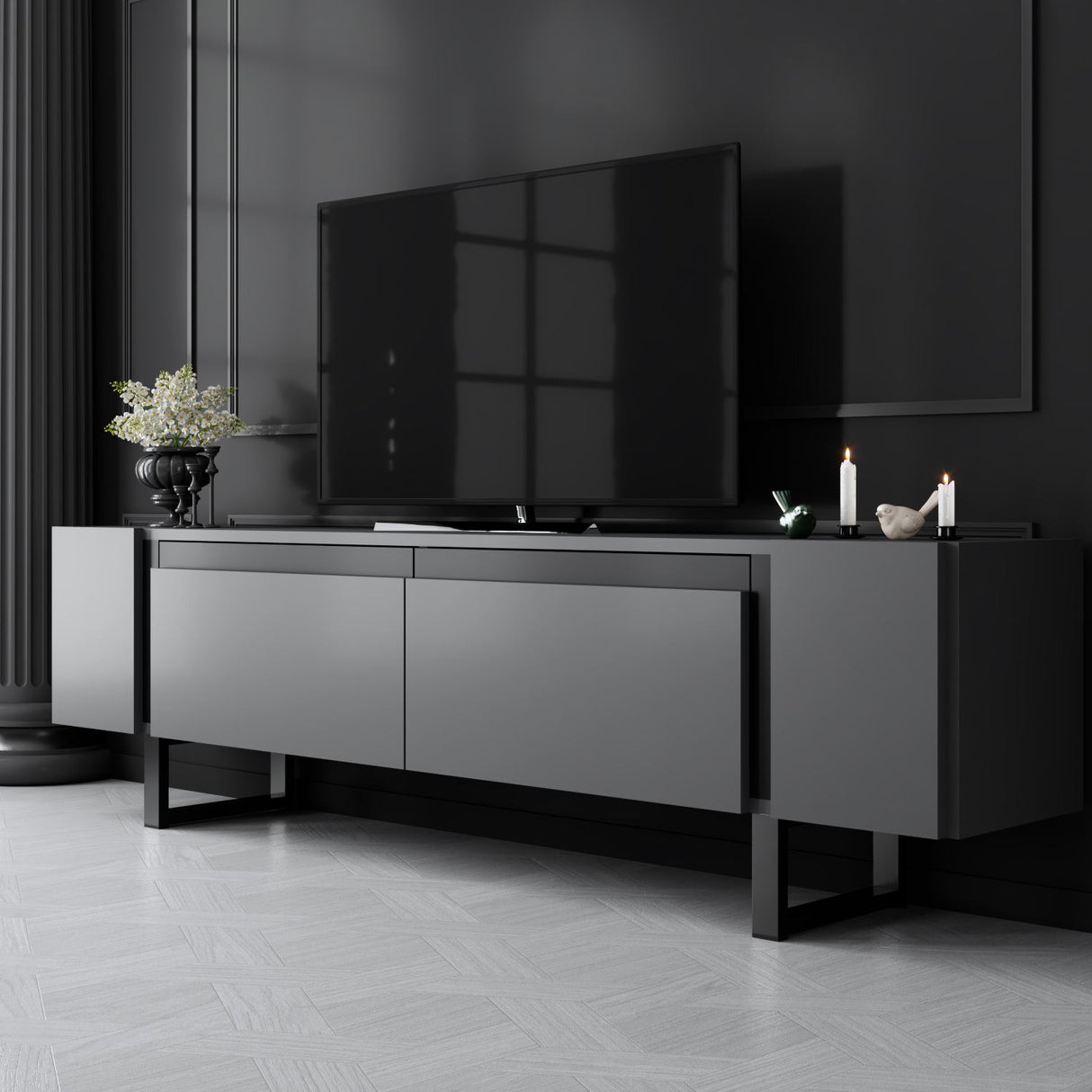 Meuble TV Anthracite Yildiz 180x50x30 - Cadre Noir