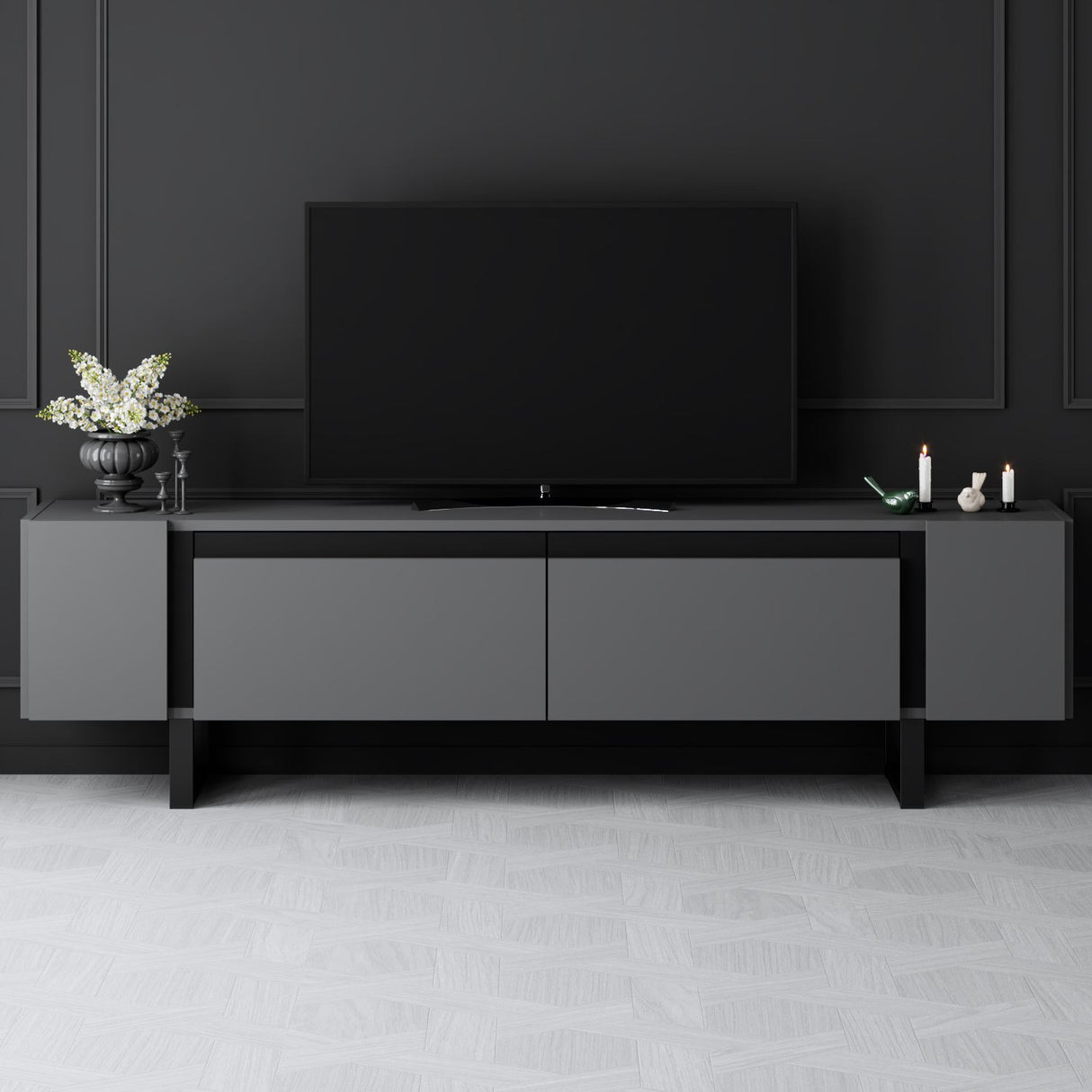 Meuble TV Anthracite Yildiz 180x50x30 - Cadre Noir