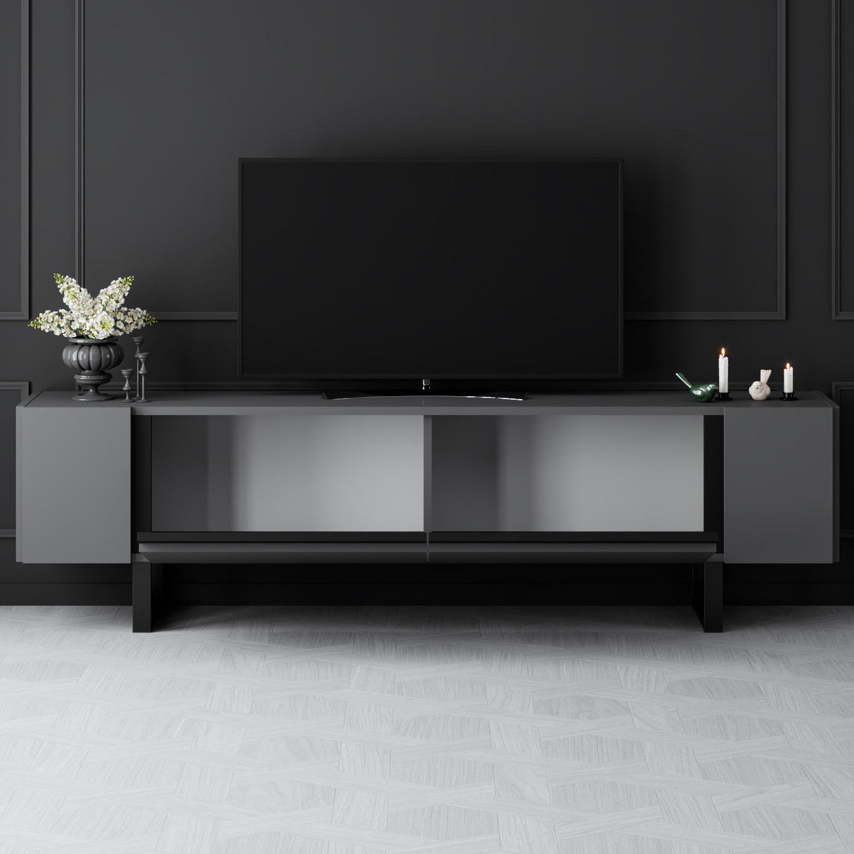 Meuble TV Anthracite Yildiz 180x50x30 - Cadre Noir