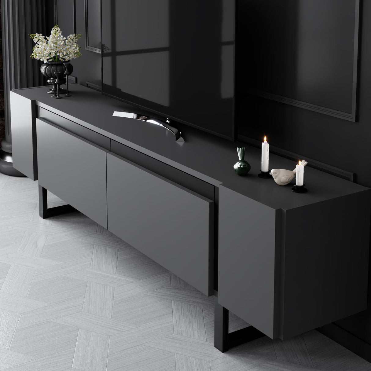 Meuble TV Anthracite Yildiz 180x50x30 - Cadre Noir