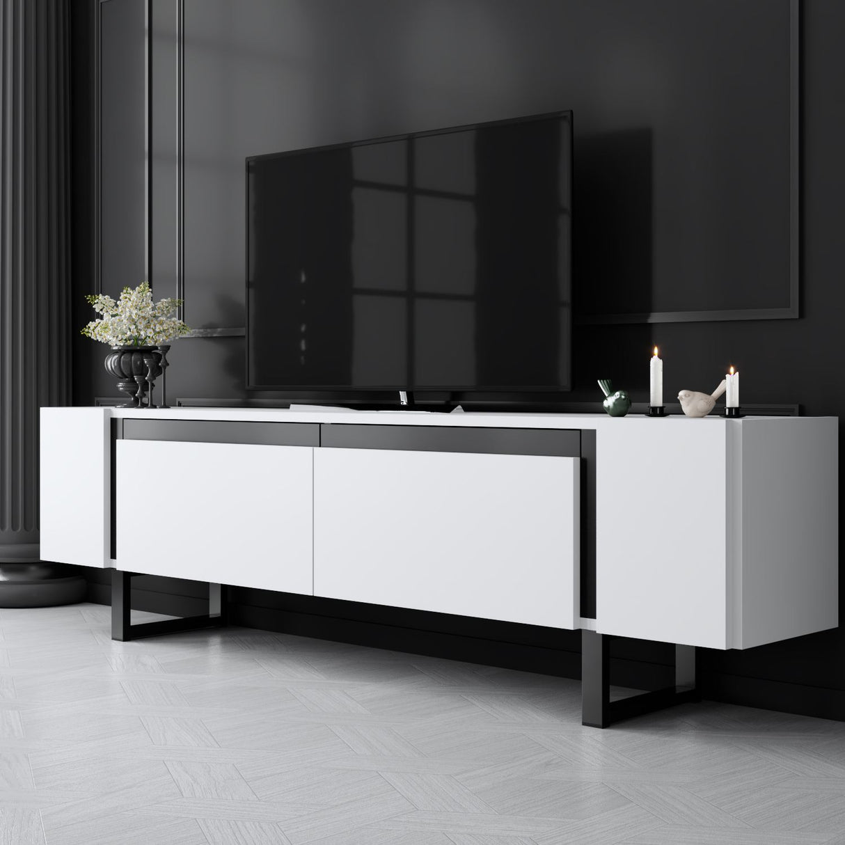 Meuble TV Yildiz blanc 180x50x30 - Cadre noir