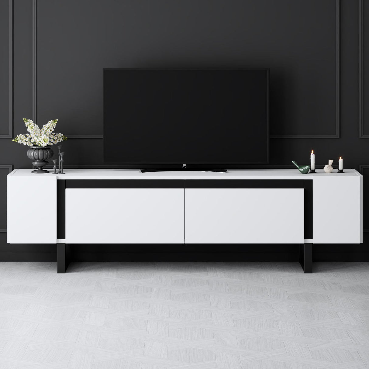 Meuble TV Yildiz blanc 180x50x30 - Cadre noir