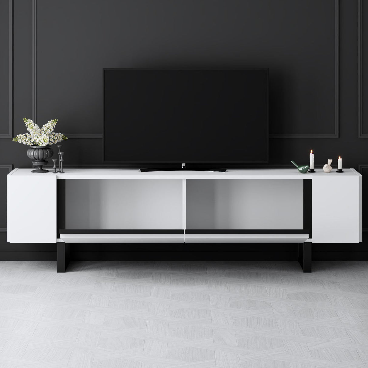 Meuble TV Yildiz blanc 180x50x30 - Cadre noir