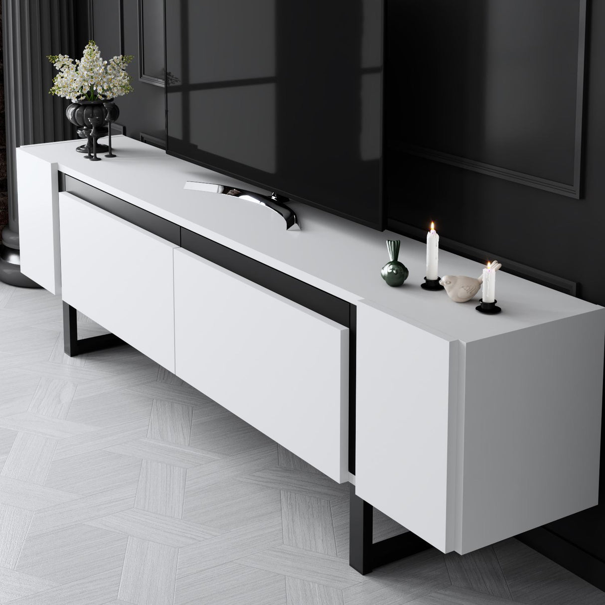 Meuble TV Yildiz blanc 180x50x30 - Cadre noir