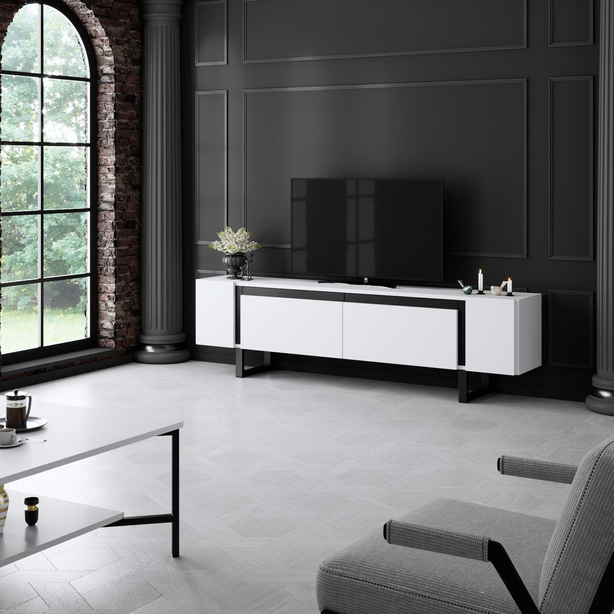 Meuble TV Yildiz blanc 180x50x30 - Cadre noir