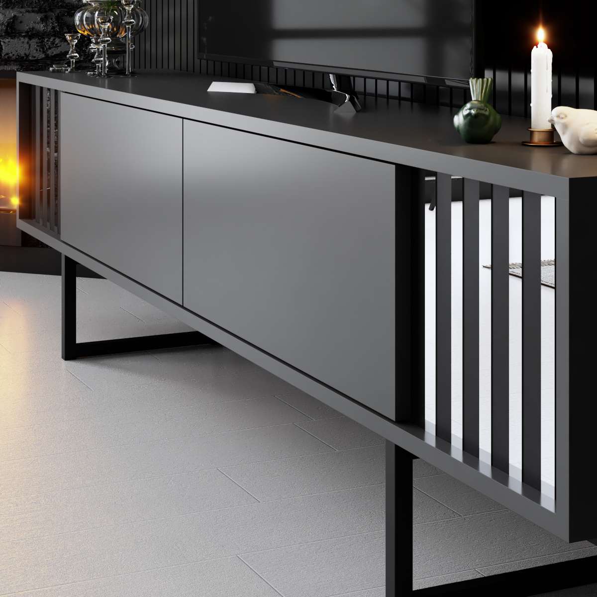 TV Meubel Antraciet Chrome Line 180x48x30 - Zwart Frame