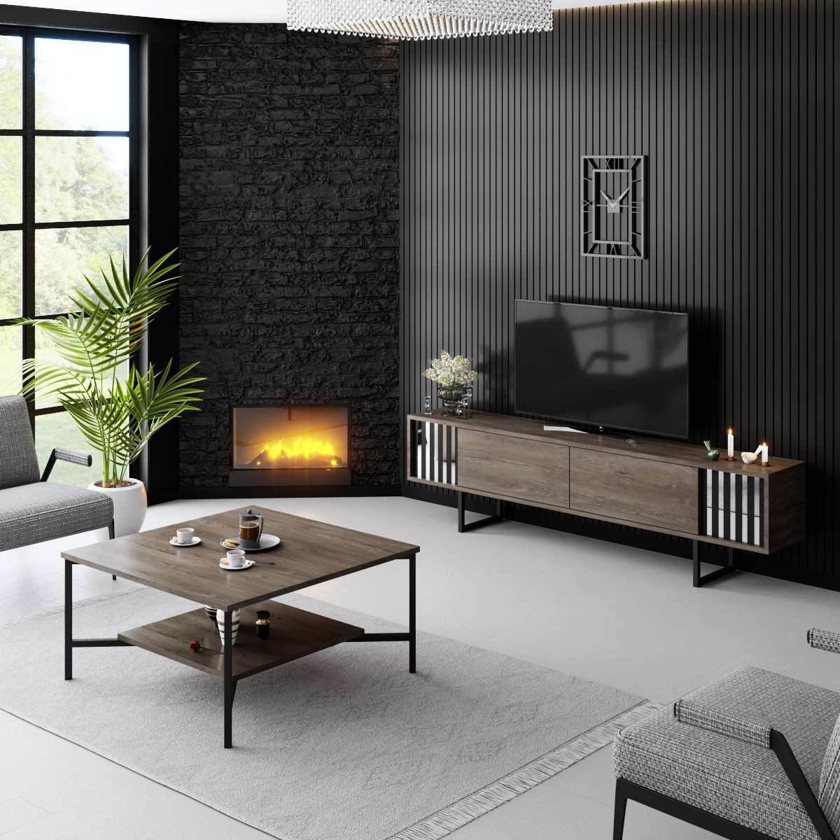 TV Meubel Walnoot Chrome Line 180x48x30 - Zwart Frame