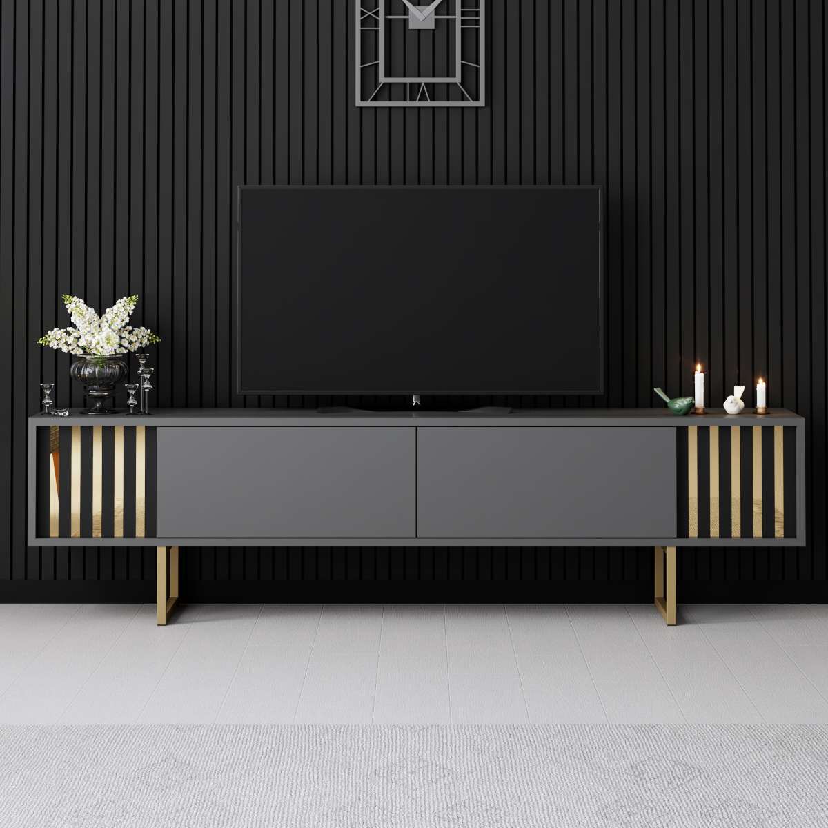 TV Meubel Antraciet Gold Line 180x48x30 - Gouden Frame