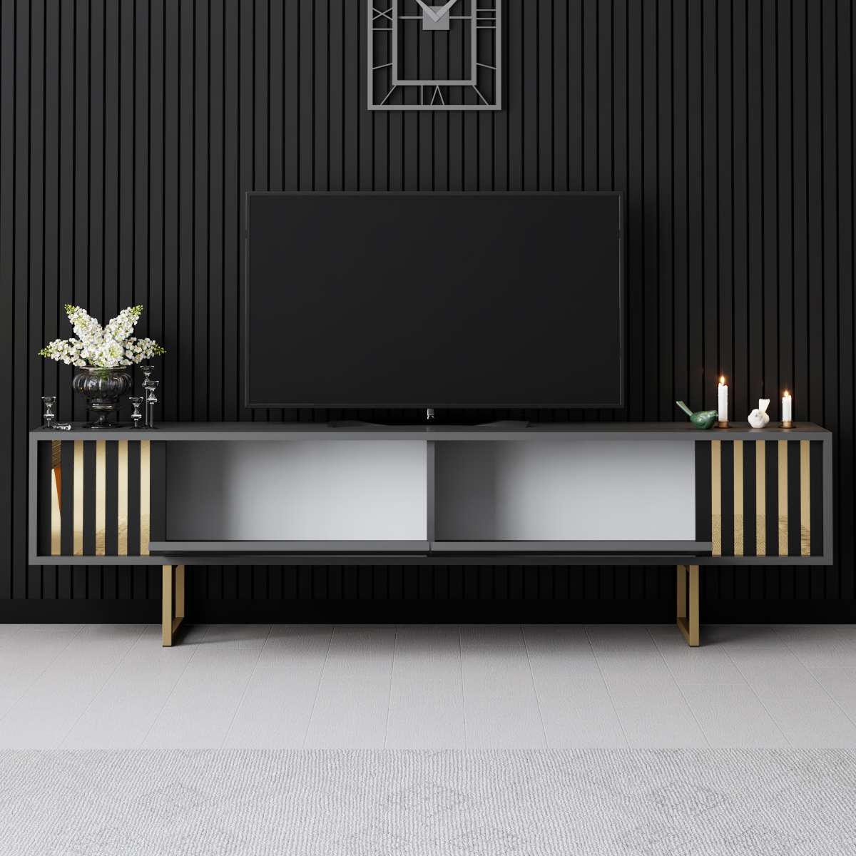 TV Meubel Antraciet Gold Line 180x48x30 - Gouden Frame