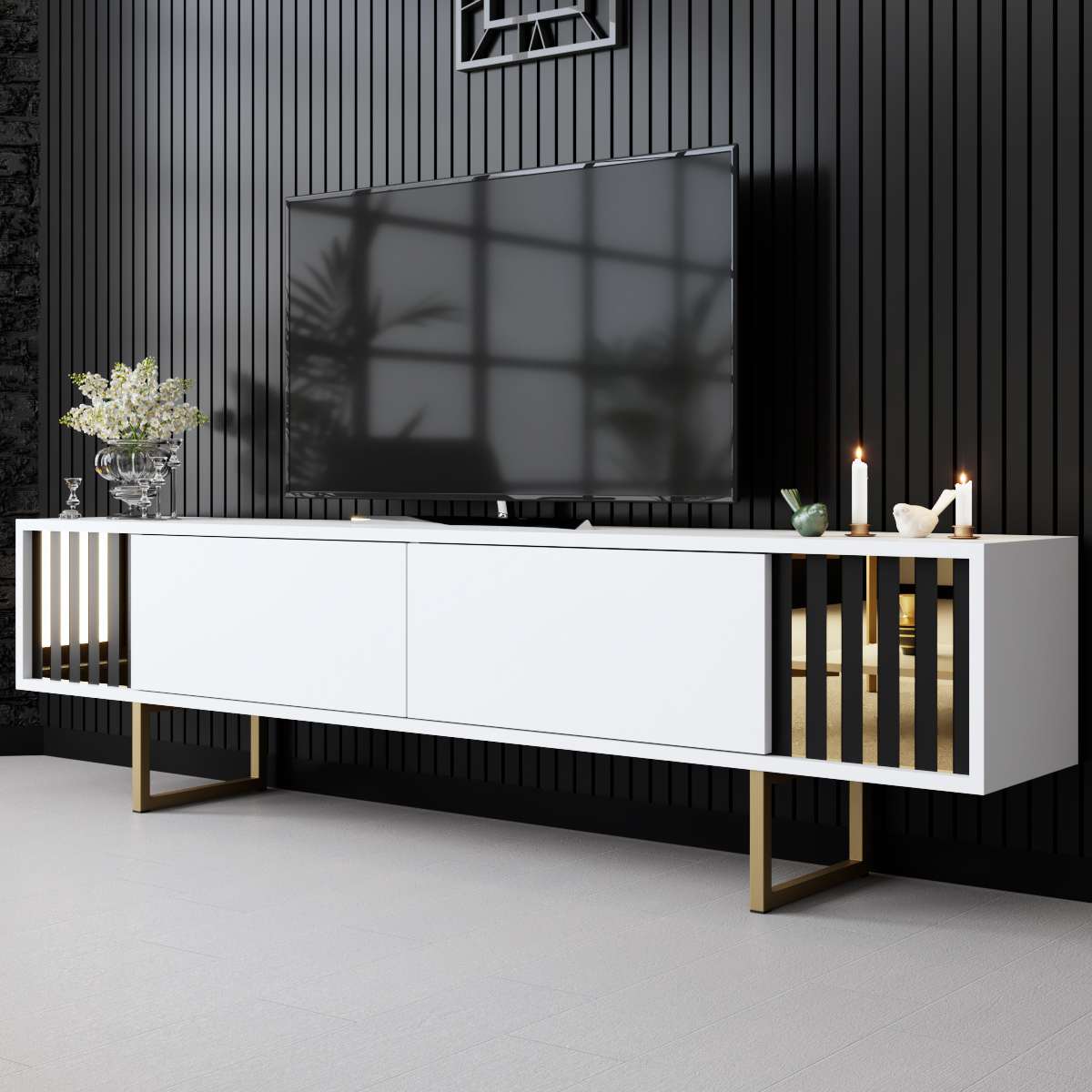Meuble TV Blanc Gold Line 180x48x30 - Cadre doré