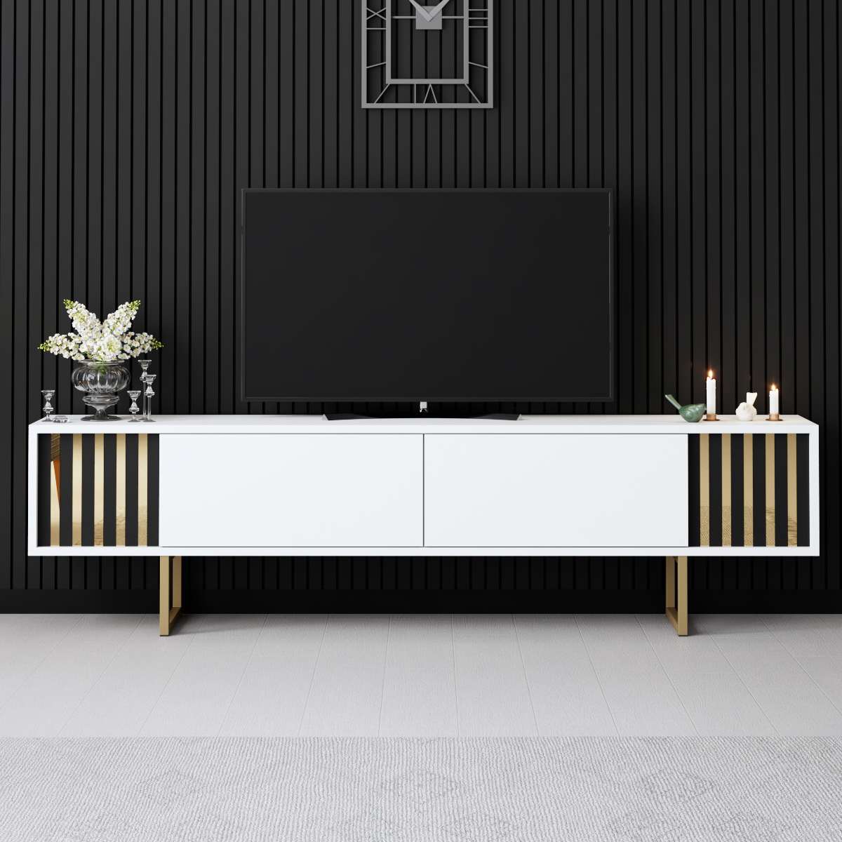Meuble TV Blanc Gold Line 180x48x30 - Cadre doré
